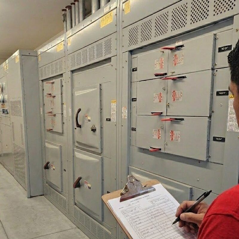 A person inspecting industrial electrical panels with a clipboard.