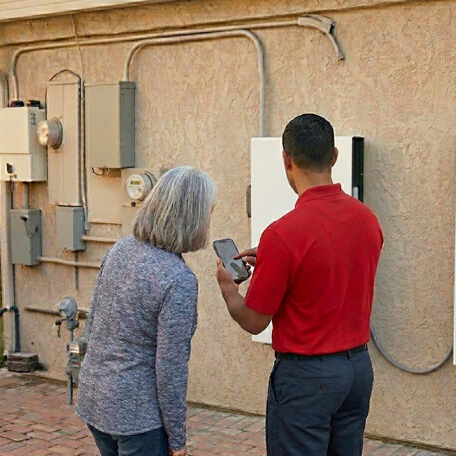 Technician explaining electrical panel to a woman outside a building.